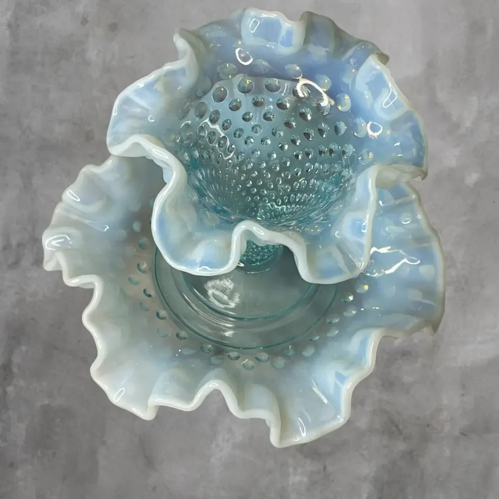 Vtg Fenton Opalescent Blue Hobnail 2-Piece Epergne Trumpet Flower Vase Pre 1970s
